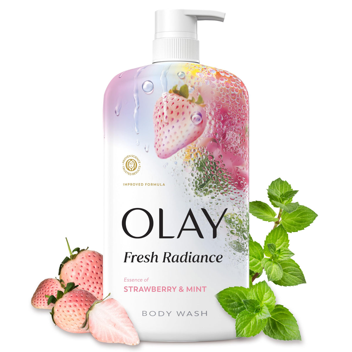 Olay Body Wash for Women, Fresh Radiance, 24/7 Skin-Loving Freshness, Visibly Radiant, Plant Based Cleansers, Vitamin B3 & Antioxidant Blend, For All Skin Types, Strawberry & Mint Scent, 29 fl oz Olay