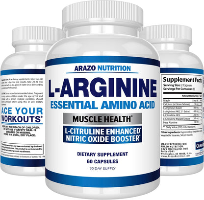 Arazo Nutrition Premium L Arginine - 1340mg Nitric Oxide Booster with L-Citrulline & Essential Amino Acids for Muscle Gain and Energy - Powerful NO Booster to Train Longer & Harder – 60 Capsules Gsupps Australia