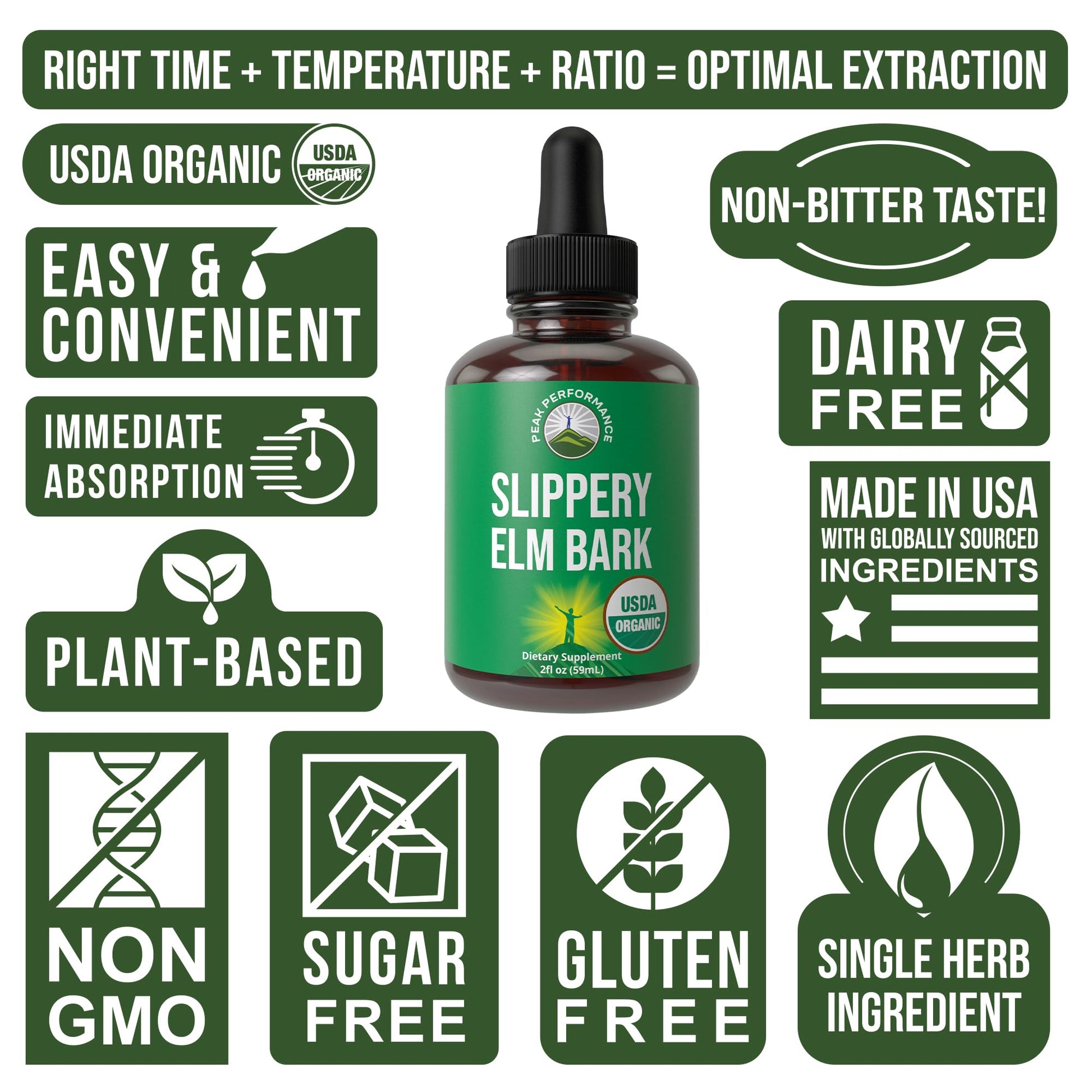 Slippery Elm Bark USDA Organic Vegan Liquid Drops. Extract with High Bioavailability for Women, Men, Kids. for Sore Throat, Irritated Stomach. Zero Sugar, Gluten Free, Tincture Supplement No Capsules Peak PerformanceBuy Supplements Australia