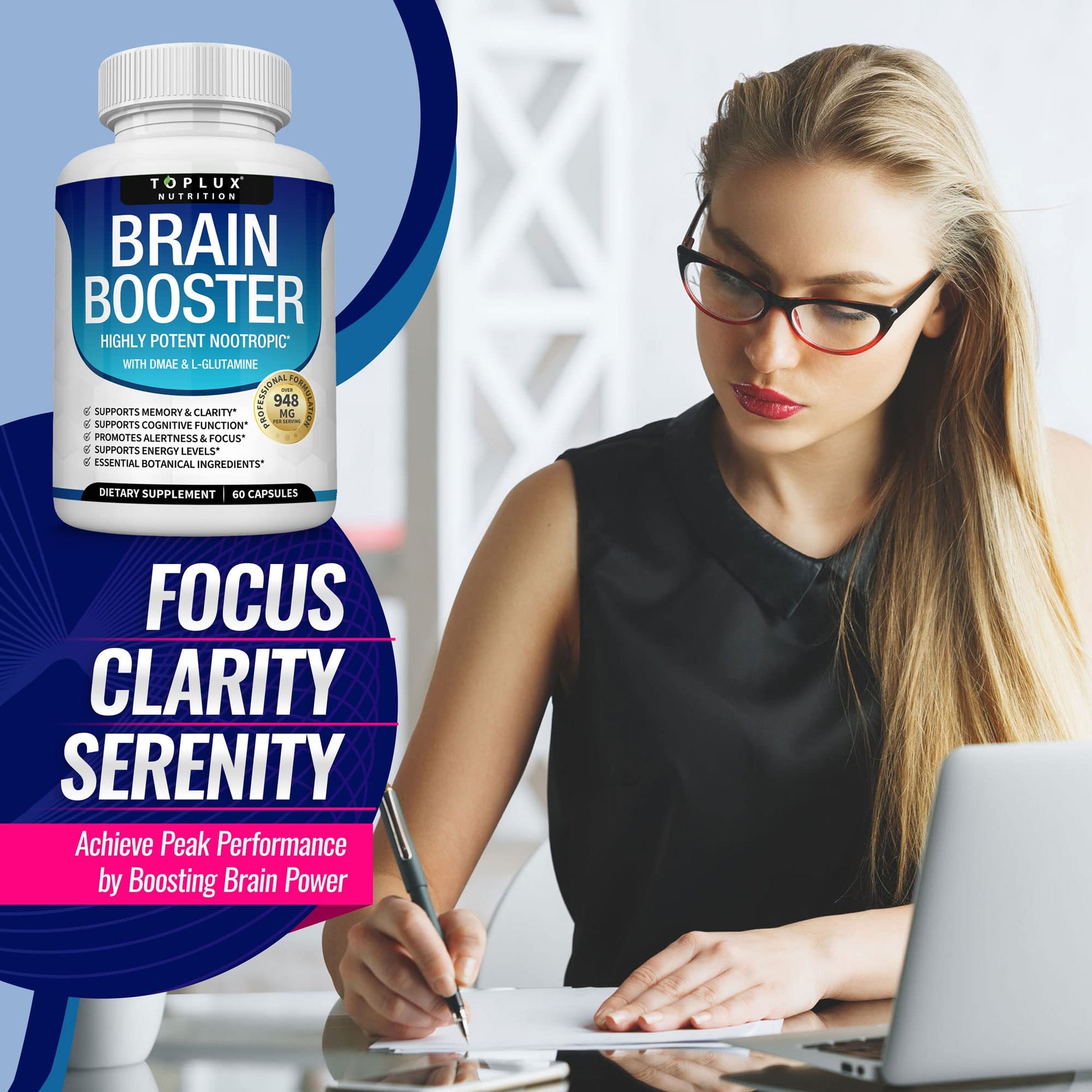 Toplux Brain Supplement Nootropic – Brain Pills Vitamin with DMAE, Bacopa Monnieri, L-Gutamine, for Men Women, 60 Capsules, Nutrition Toplux buy australia supplements