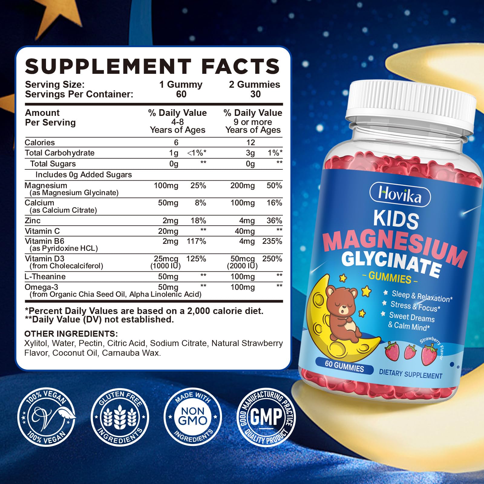 Magnesium Glycinate Gummies for Kids - with L-Theanine, Omega-3, Vitamin B6, D3, Zinc - Kids Magnesium Gummies for Sleep, Relaxation, Calm & Focus - Sugar Free Strawberry 60ct Hovika buy australia supplements