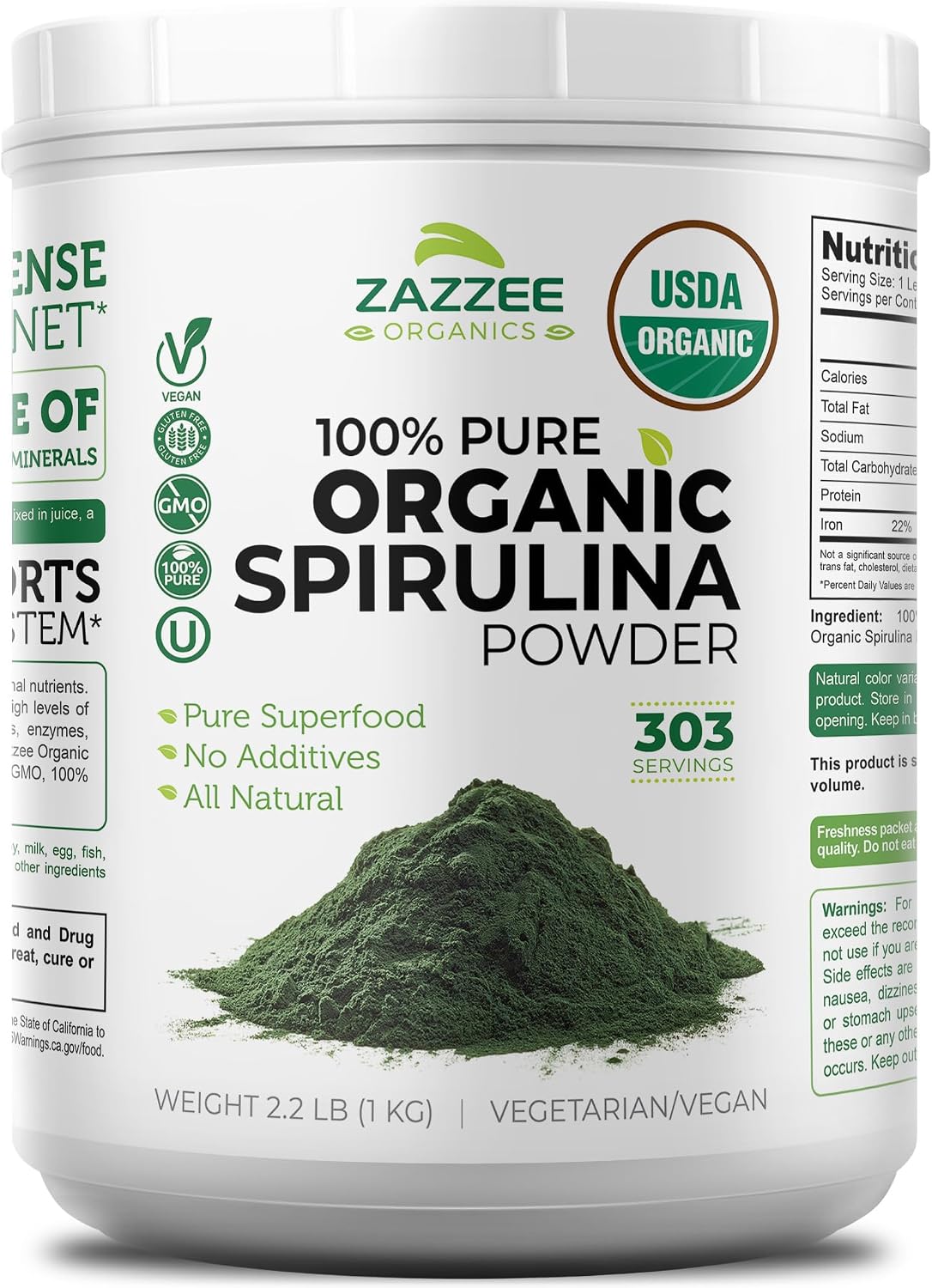 Zazzee USDA Organic Spirulina Powder, 2.2 Pounds (1 KG), 303 Servings | Certified Kosher, 100% Pure, Non-Irradiated, Mess-Free Wide Mouth Container, Fresh Smell, Neutral Taste, Non-GMO, Made in USA Gsupps Australia