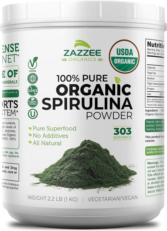 Zazzee USDA Organic Spirulina Powder, 2.2 Pounds (1 KG), 303 Servings | Certified Kosher, 100% Pure, Non-Irradiated, Mess-Free Wide Mouth Container, Fresh Smell, Neutral Taste, Non-GMO, Made in USA Gsupps Australia