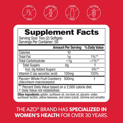 AZO Cranberry Supplement, Made with Concentrated Whole Fruit Cranberry Powder to Help Cleanse and Protect the Urinary Tract*, Sugar Free Cranberry Pills, Non-GMO, 100 Softgels Gsupps Australia