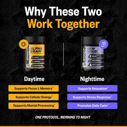 ONNIT Cognitive & Daily Mood Support Bundle: Alpha Brain Nootropic Capsules (90 Count) + New Mood Capsules (30 Count), IGEN Non-GMO Tested Focus, Mental Clarity & Relaxation, Pack of 2
