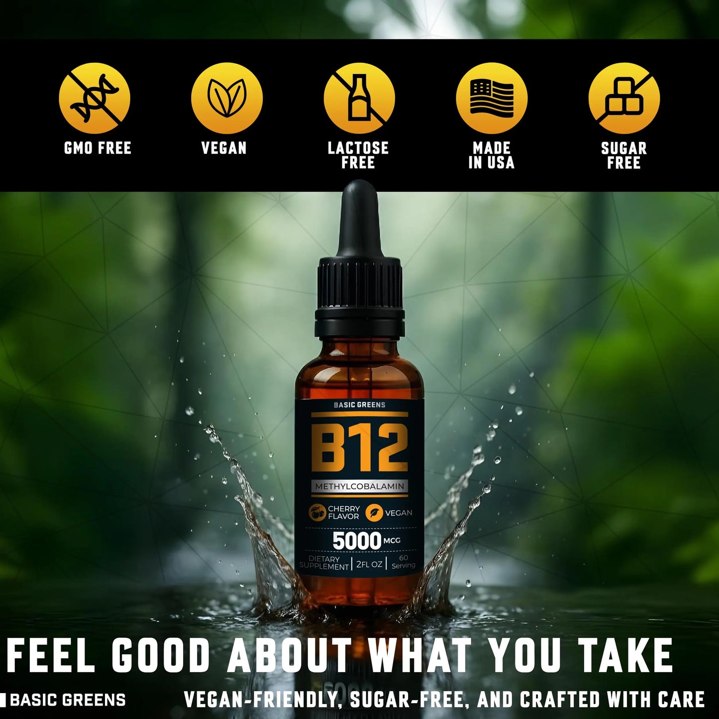 Vitamin B12 Sublingual Liquid Drops 5000 mcg – Vegan Methyl B-12 Supplement for Energy & Focus – B 12 Vitamin for Women & Men BASIC GREENS