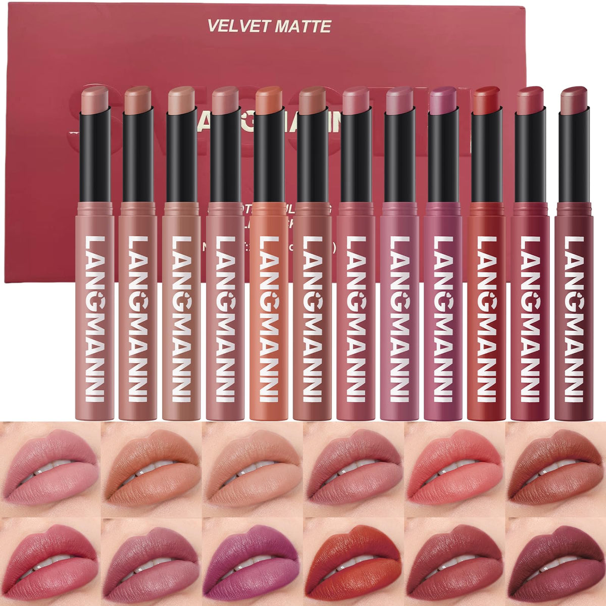 12Pcs Velvet Matte Lipstick Set, Nude to Dark Shades, Long-Lasting,Color A Jolilab