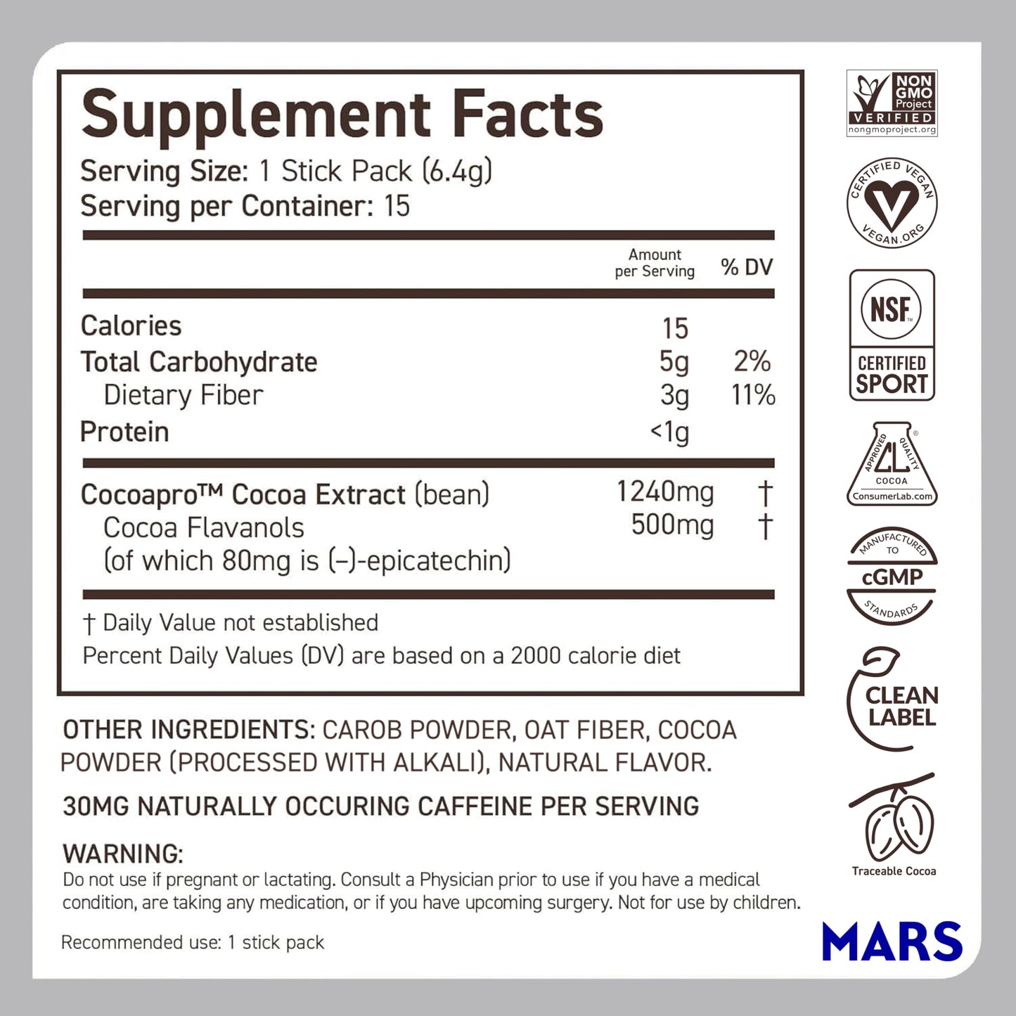 CocoaVia Cocoa Flavanols 500mg, High Flavanol Cocoa Powder, Support Heart and Brain Health, Boosts Nitric Oxide, Circulation, Preworkout, Travel-Friendly, Vegan, Dark Chocolate, 15 Single Serve Sticks CocoaVia