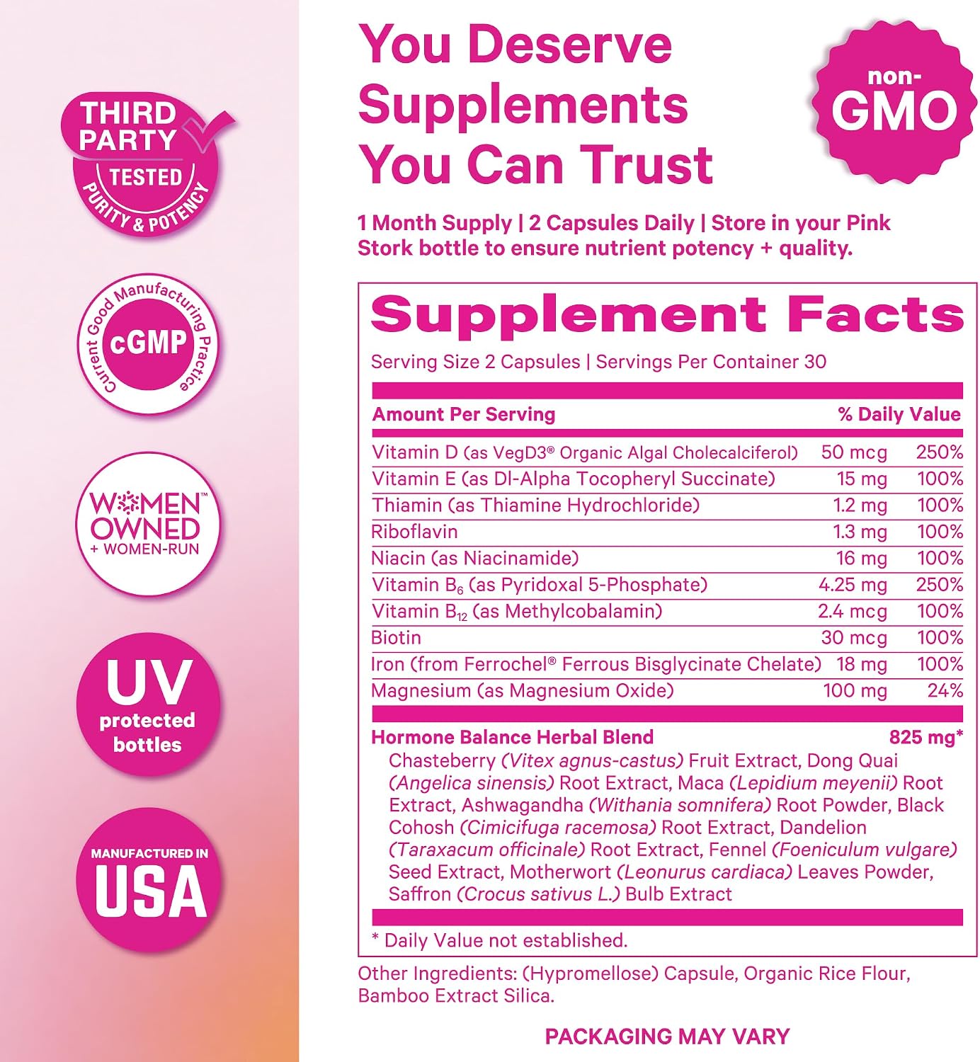 Pink Stork Hormone Balance Multivitamin for Women, 60 Vegan Capsules | 18-in-1 Vitex, Saffron, Ashwagandha, Magnesium | Mood, Energy, Cortisol, Adrenal Support | PMS, Perimenopause Support