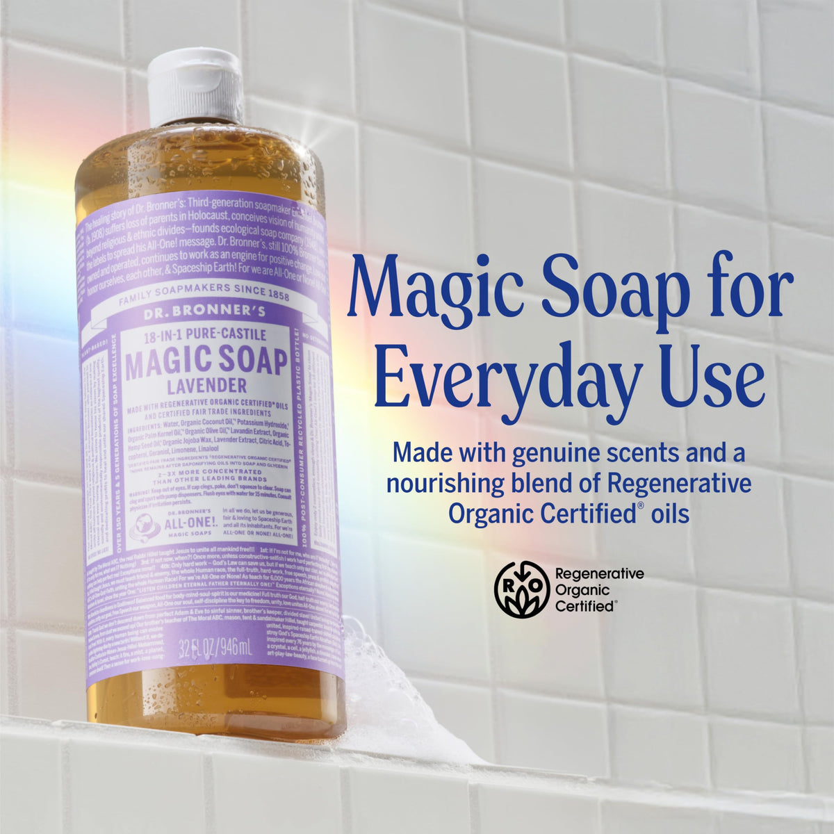 Dr. Bronner's Pure-Castile Liquid Soap, Made with Organic Oils, 18-in-1 Uses: Face, Body, Hair, Laundry, Pets and Dishes, Concentrated, Vegan, Non-GMO, Lavender, 32 Oz Dr. Bronner's