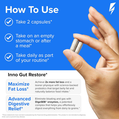 Inno Gut Restore Probiotic Prebiotic & Digestive Enzymes for Gut Health for Women & Men - Supports Digestive Health with Enzymes for Digestion & Pre + Probiotic Blend (30 Servings, 60 Capsules)