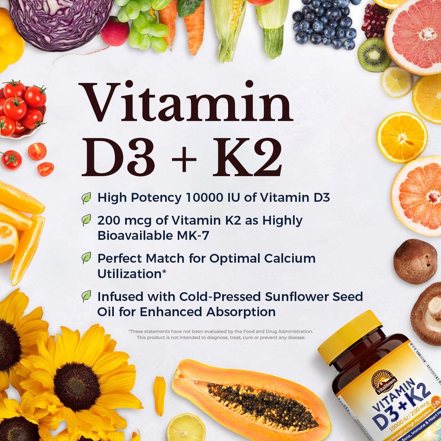Vitalitown Vitamin D3 K2 Supplement, Vitamin D3 10000 IU Vitamin K2 (MK7) 200 mcg, 90 Softgels, Non-GMO, No Gluten & Soy Vitalitown