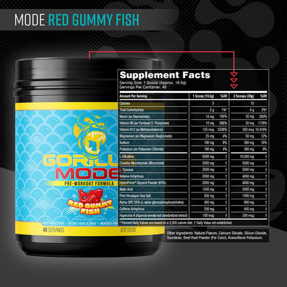 Gorilla Mode Pre Workout - Massive Pumps · Laser Focus · Energy · Power - L-Citrulline, Creatine, L-Tyrosine, Betaine, Hydroprime®, Alpha-GPC, 400mg Caffeine, Huperzine A - 792g (Rocket Frost)