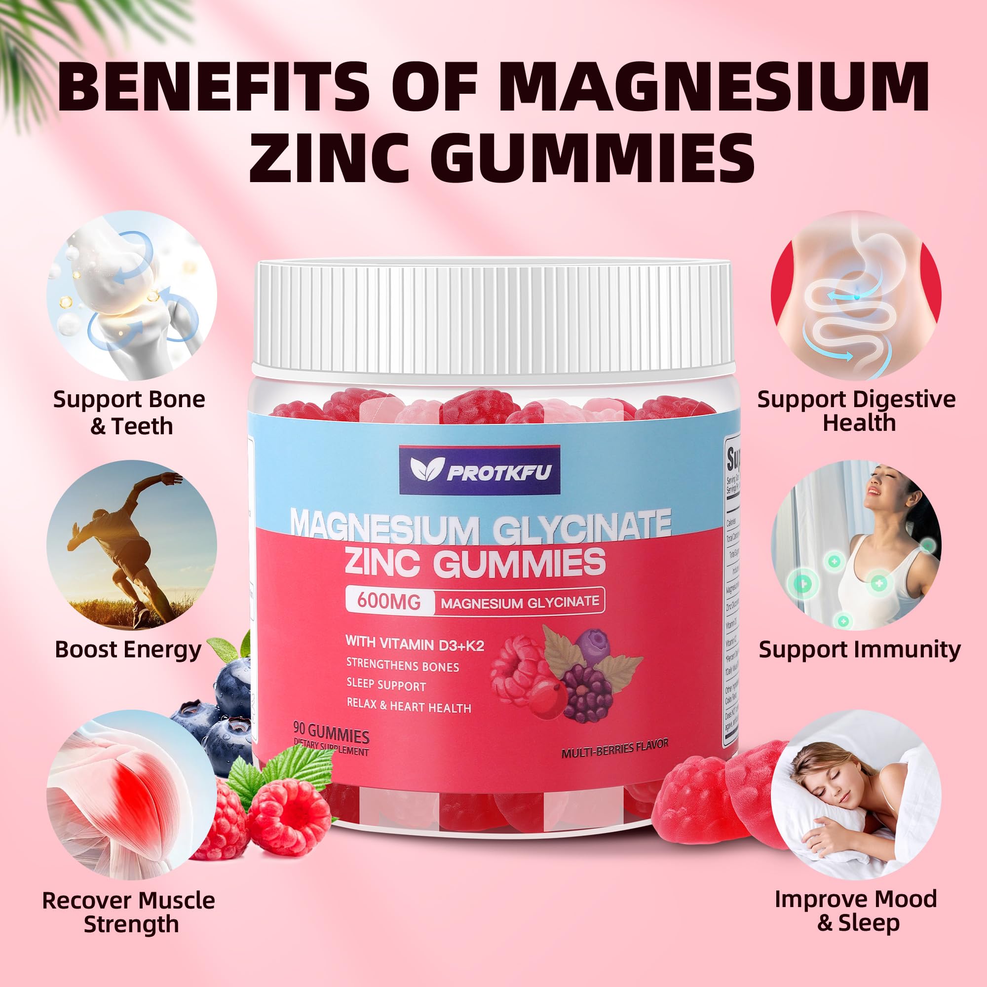 90 CT Magnesium Glycinate Gummies 600mg, Sugar Free Magnesium Gummies w/Zinc & Vitamin D3 & K2 - Magnesium Supplements for Sleep, Supports Bone Health, Nerve & Immune Function ProTKFU buy australia supplements
