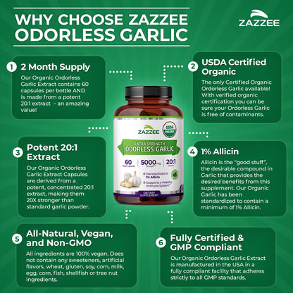 Zazzee USDA Organic Odorless Garlic 20:1 Extract, 1% Allicin, 100 Capsules | Vegan, 3+ Month Supply, Allium Sativum, Immune, Circulation & Heart Health Support, All-Natural, Non-GMO, Made in the USA Gsupps Australia