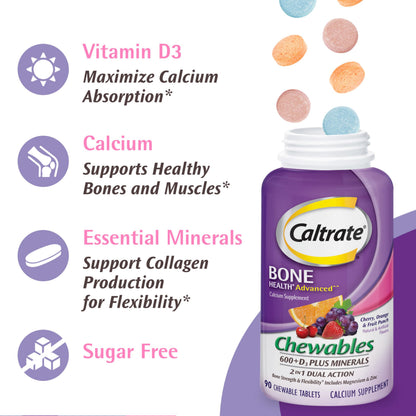 Caltrate Chewables 600 +D3 Plus Minerals Calcium and Vitamin D, Sugar Free, Cherry, Orange and Fruit Punch, 155 count Caltrate