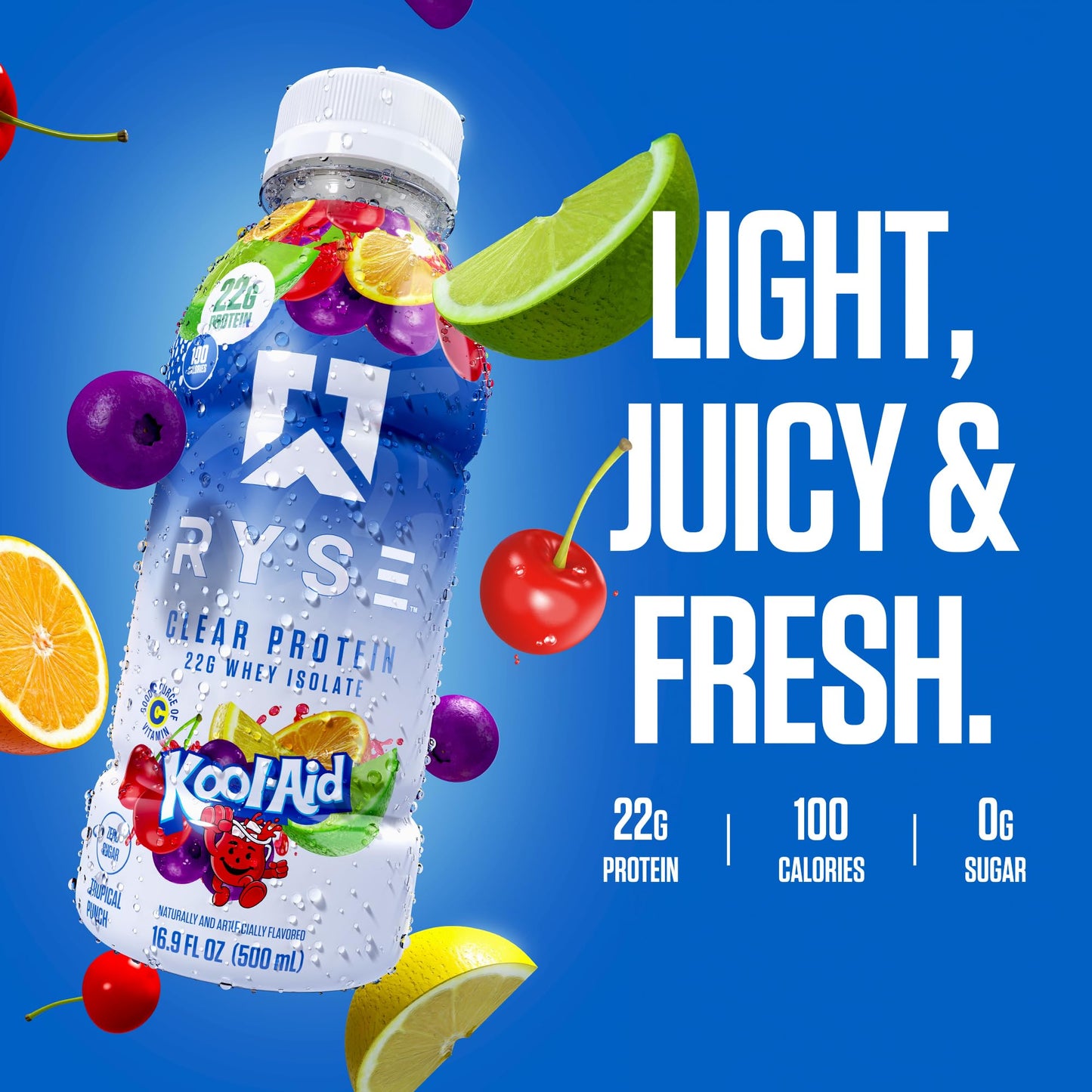 RYSE Clear Protein Drink - Variety Pack - 100 Calories, 22g Whey Isolate Protein Shake, Sugar-Free, 0g Fat & Lactose-Free - Refreshing Ready-to-Drink Beverage - 16.9 fl oz Bottles (12-Pack)