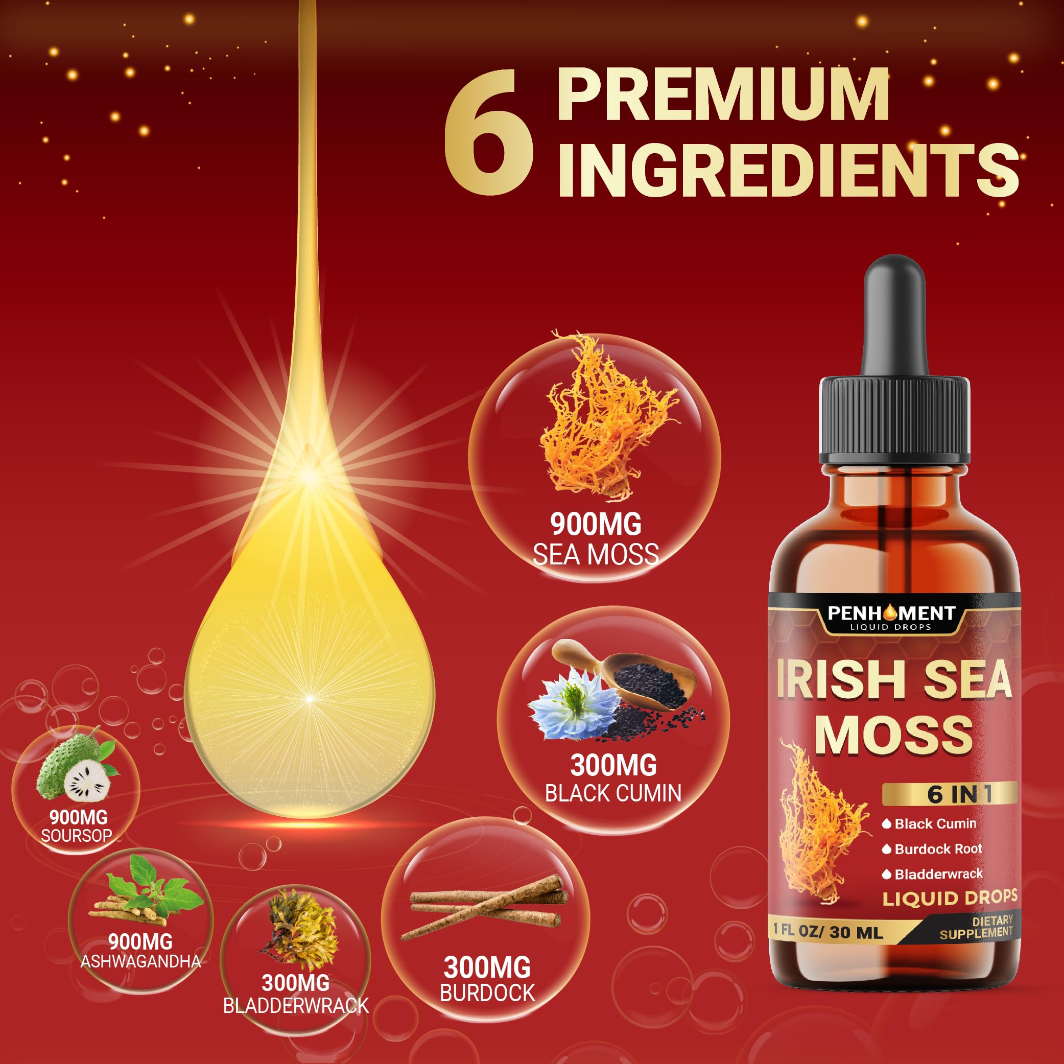 Penhoment 6in1 Sea Moss Drops with Black Seed Oil Irish Seamoss, Ashwagandha, Burdock Root & Bladderwrack - 1FL Oz - 30 Day Supply Penhoment buy australia supplements