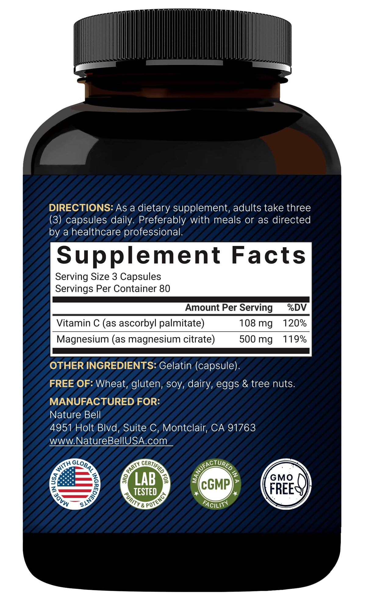 NatureBell Pure Magnesium Citrate 500mg per 3 Capsules Serving Size, 240 Capsules per Bottle NatureBell