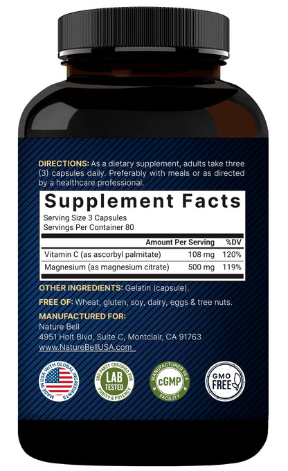 NatureBell Pure Magnesium Citrate 500mg per 3 Capsules Serving Size, 240 Capsules per Bottle NatureBell