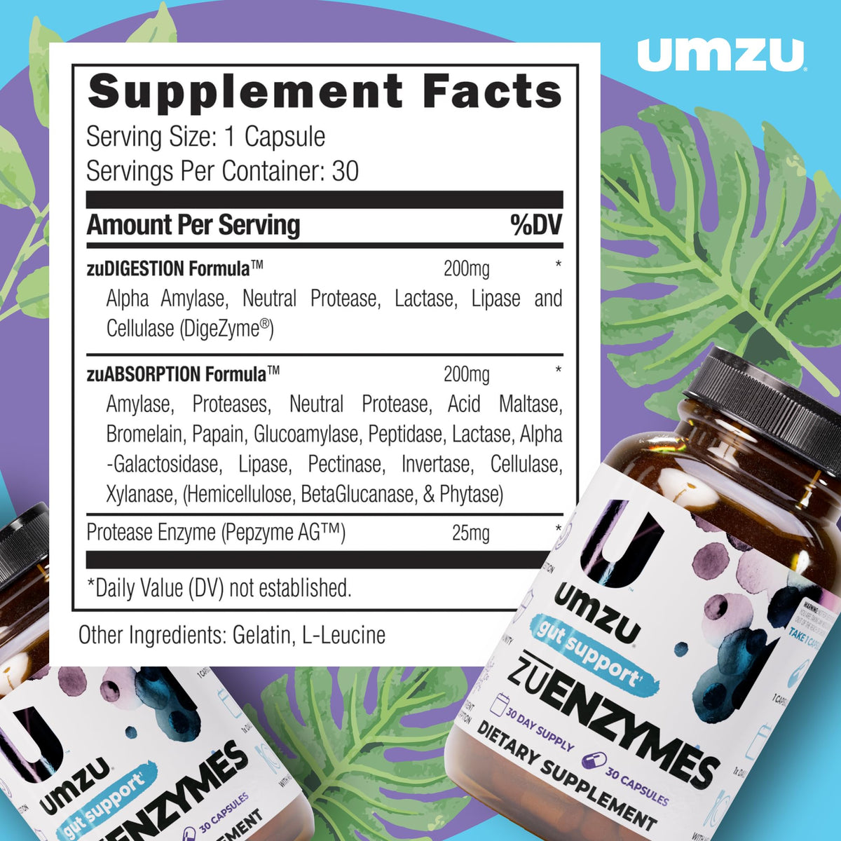 UMZU zuEnzymes Digestive Support Supplement, (30 Day Supply) – 21 Enzyme Blend with Lipase Protease & Amylase – Digestive Enzymes for Gut Health & Probiotic Daily UMZU