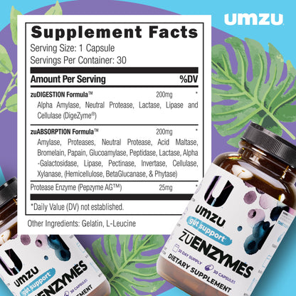 UMZU zuEnzymes Digestive Support Supplement, (30 Day Supply) – 21 Enzyme Blend with Lipase Protease & Amylase – Digestive Enzymes for Gut Health & Probiotic Daily UMZU