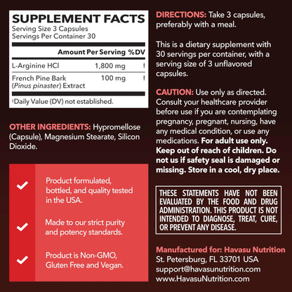 L-Arginine 1800mg and Pine Bark Extract 100mg - Nitric Oxide Supplement for Men - Performance Supplement for Men's Health - 90 Count - Endurance, Recovery Support HAVASU NUTRITION