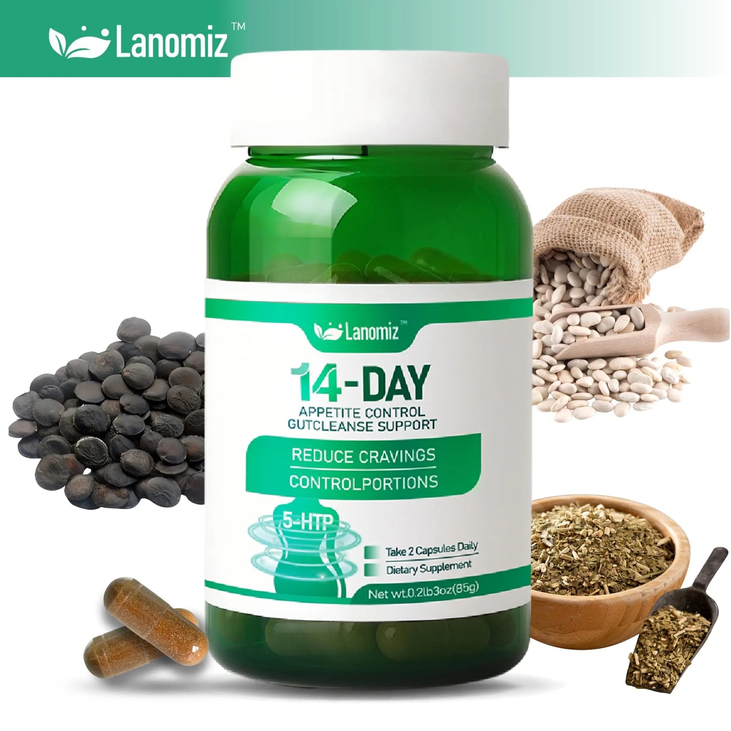 Lanomiz 14DAY Appetite & Craving Control Gut Health Complex Featuring Delayed-Release Probiotics & White Kidney Bean Extract 5-HTP Lanomiz