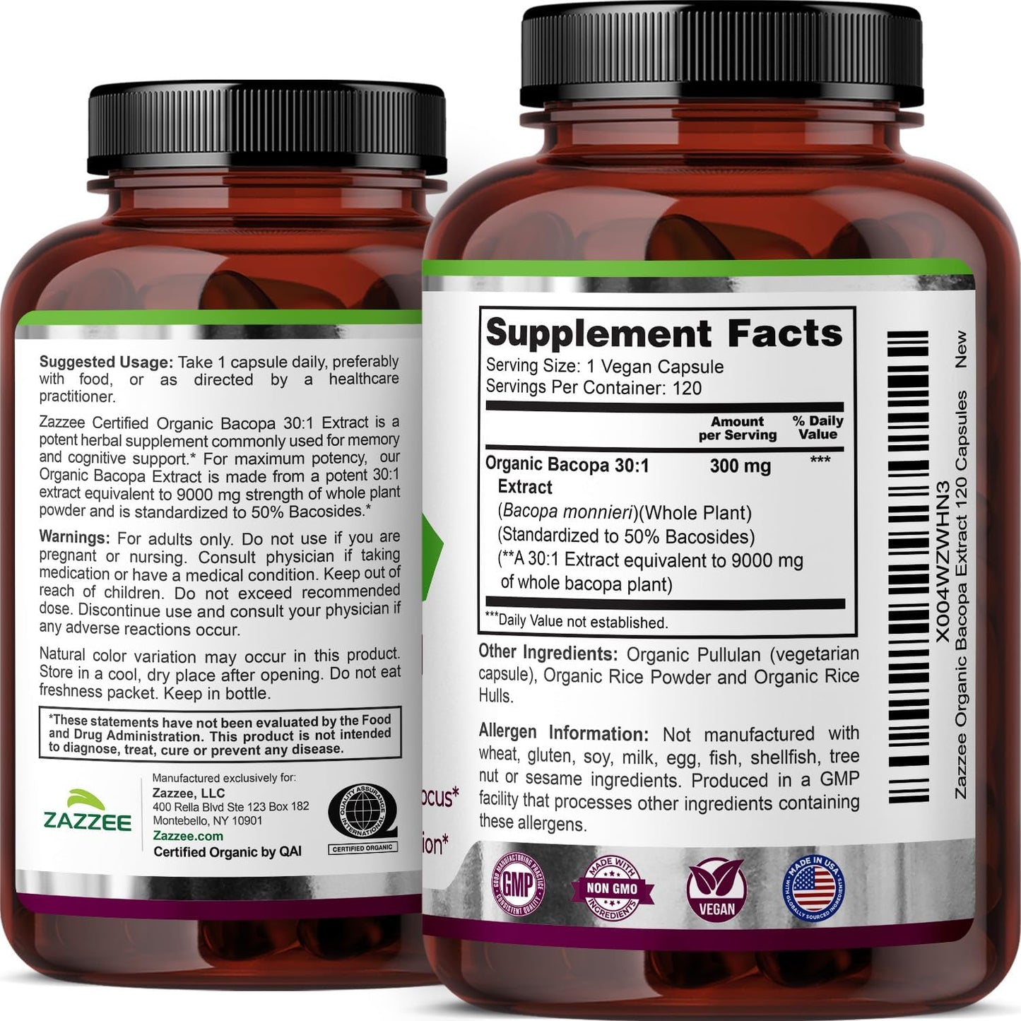 Zazzee USDA Organic Bacopa 30:1 Extract, 50% Bacosides, 120 Vegan Capsules | 4 Month Supply, Bacopa Monnieri, Cognitive, Brain & Memory Support, Non-GMO, Organic Herbal Supplement, Made in the USA Gsupps Australia