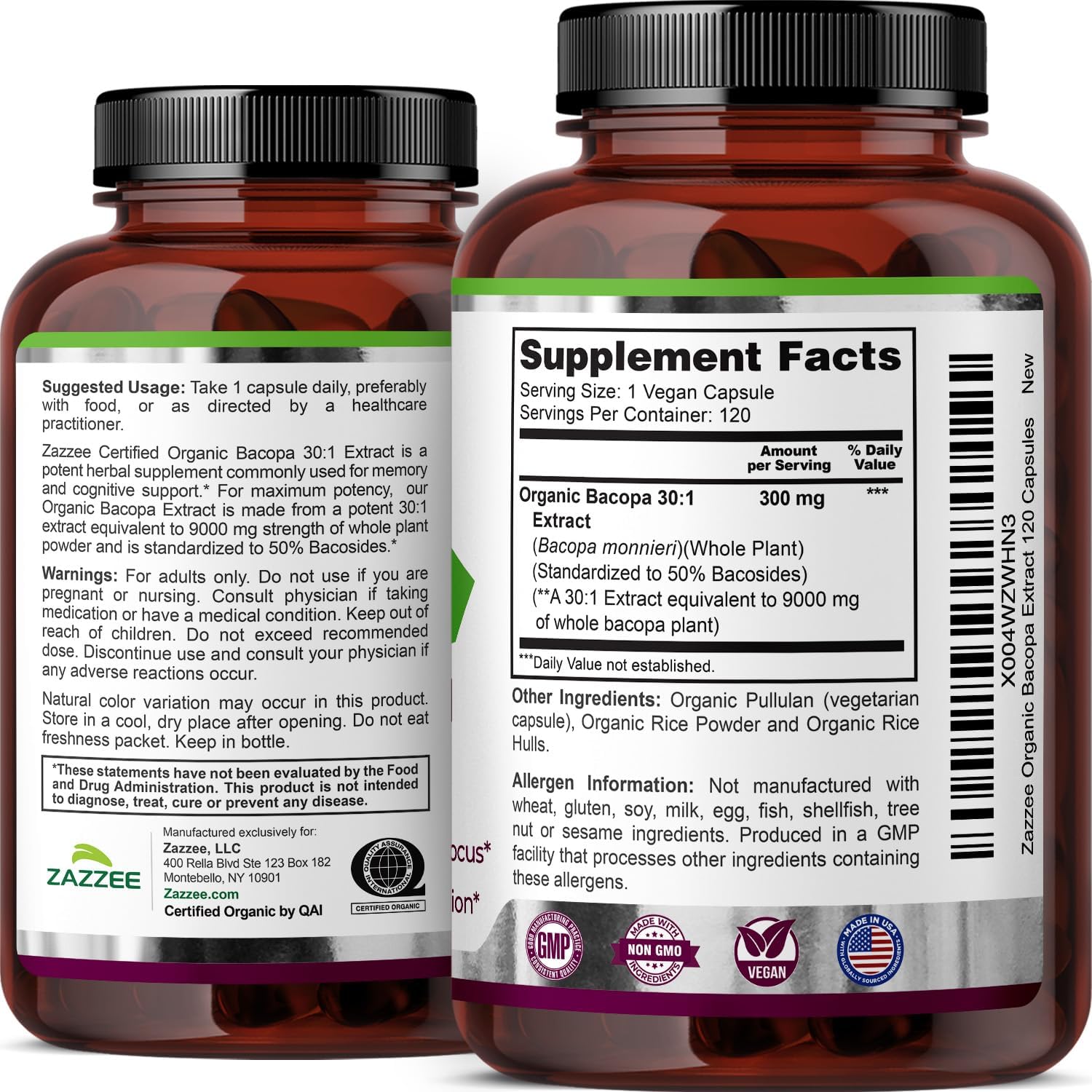 Zazzee USDA Organic Bacopa 30:1 Extract, 50% Bacosides, 120 Vegan Capsules | 4 Month Supply, Bacopa Monnieri, Cognitive, Brain & Memory Support, Non-GMO, Organic Herbal Supplement, Made in the USA Gsupps Australia