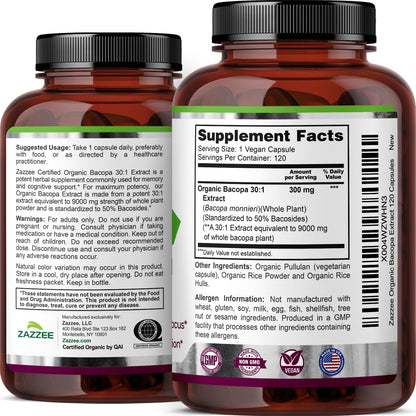 Zazzee USDA Organic Bacopa 30:1 Extract, 50% Bacosides, 120 Vegan Capsules | 4 Month Supply, Bacopa Monnieri, Cognitive, Brain & Memory Support, Non-GMO, Organic Herbal Supplement, Made in the USA Gsupps Australia