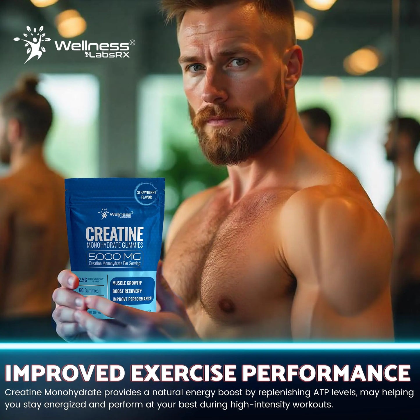 Creatine Gummies 5000mg, 30 Servings Creatine Monohydrate Gummies - Third-Party Tested Creatine for Women, Strawberry Flavor Creatine for Men, Muscle Growth, WELLNESS LABSRX