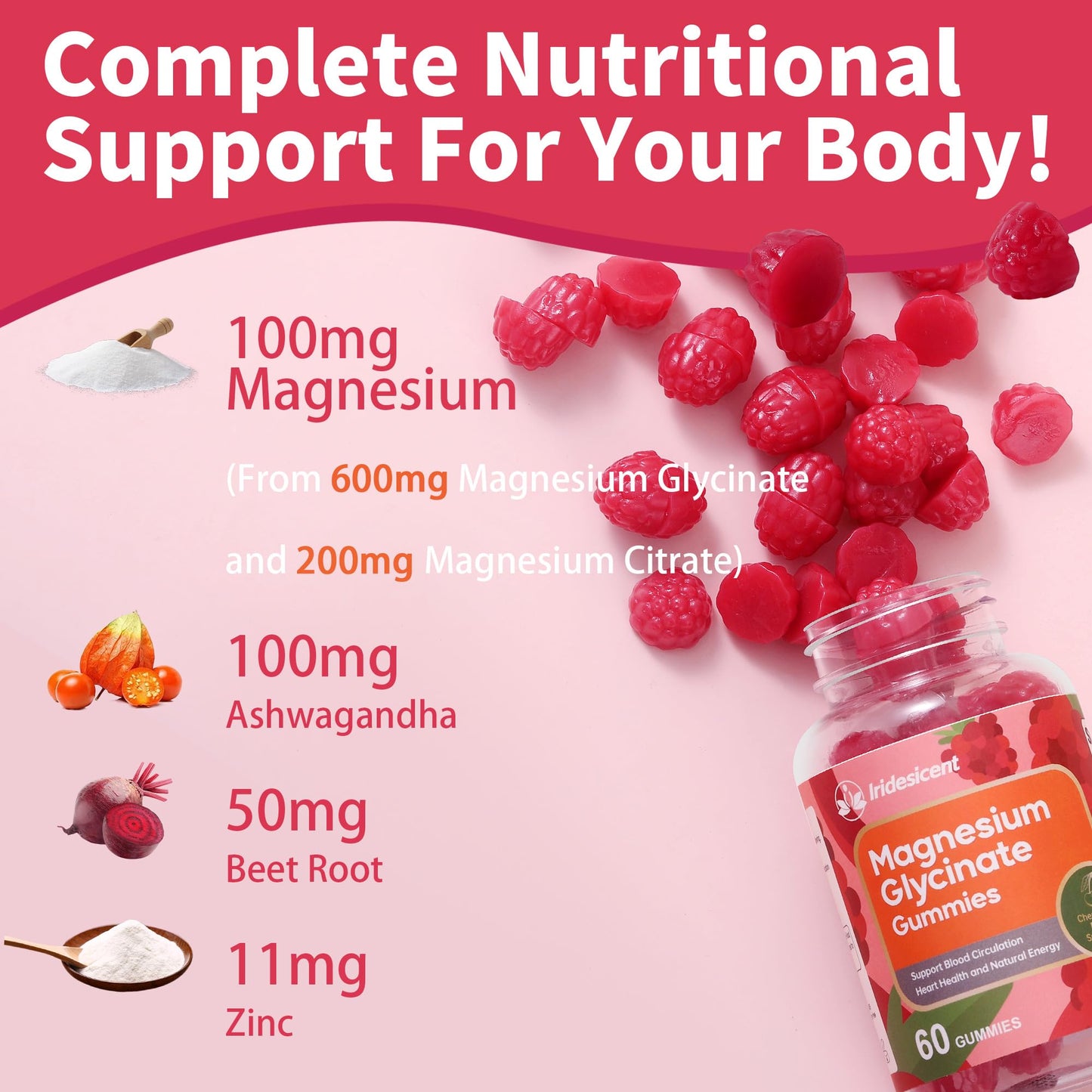 IRIDESICENT Magnesium Glycinate Gummies, Sugar Free Magnesium Supplement w/Ashwagandha, Zinc, Vegan Magnesium Glycinate Supplement for Adults IRIDESICENT