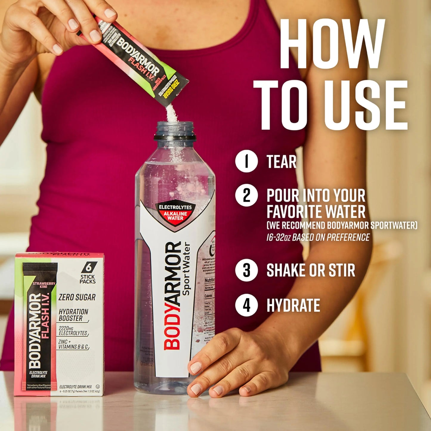 BODYARMOR Flash IV Electrolyte Packets, Strawberry Kiwi - Zero Sugar Drink Mix, Single Serve Packs, Coconut Water Powder (15 Count) BODYARMOR