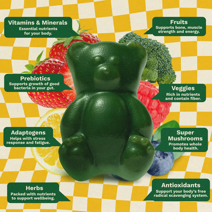 Gruns Multivitamin for Kids, Super Greens Gummies, Superfood Gummy Bears with 20+ Vitamins & Minerals, Spirulina, Chlorella, Alfalfa, Prebiotics Fiber for Digestive Health Grüns