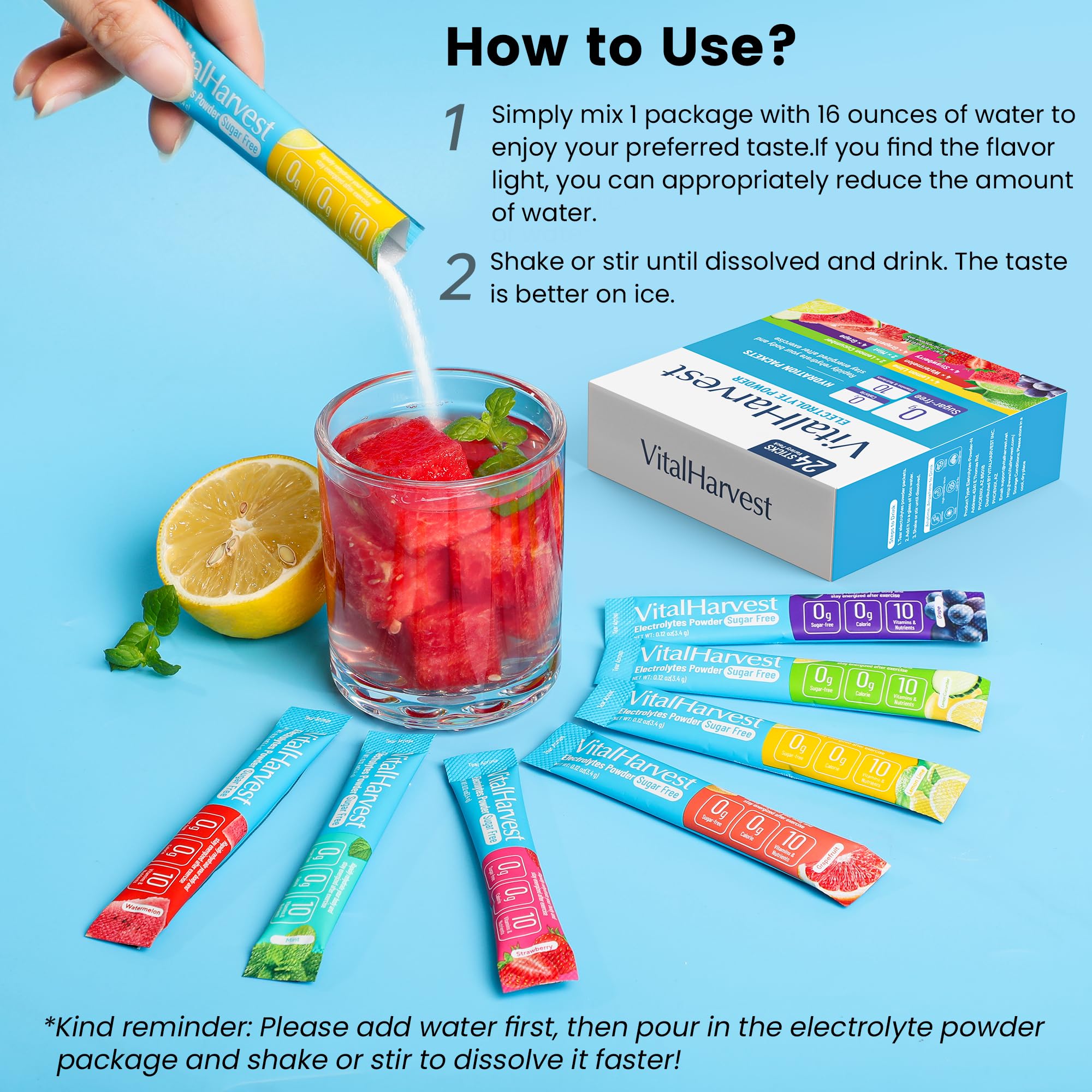 24 Sticks Electrolytes Powder Packets 7 Flavors Sugar Free Hydration Packets Liquid Daily IV Drink Mix, Low Sodium, Lemon Lime, Watermelon, Strawberry, Grape VitalHarvest buy australia supplements
