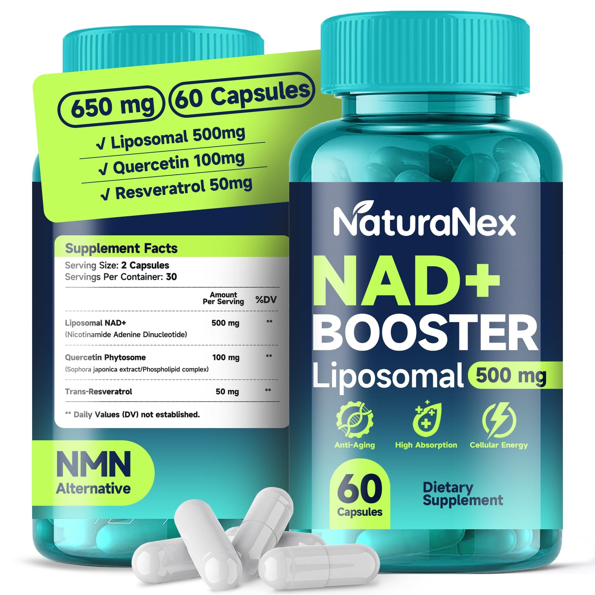 NaturaNex NAD+ Supplement 650mg (60 Capsules), Liposomal NAD+ with Resveratrol & Quercetin, Third-Party Tested, NMN Supplement Alternative NaturaNex buy australia supplements