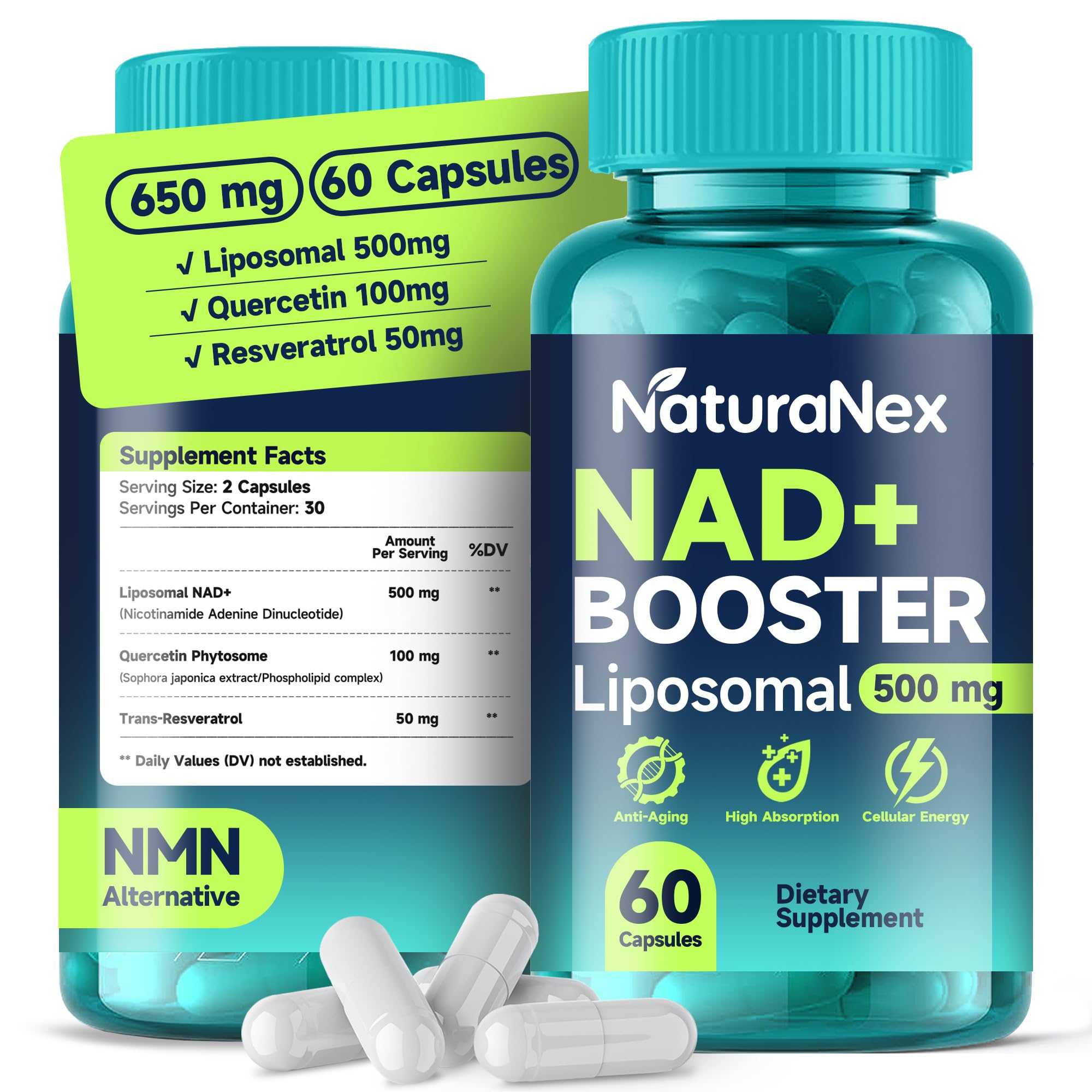NaturaNex NAD+ Supplement 650mg (60 Capsules), Liposomal NAD+ with Resveratrol & Quercetin, Third-Party Tested, NMN Supplement Alternative NaturaNex buy australia supplements