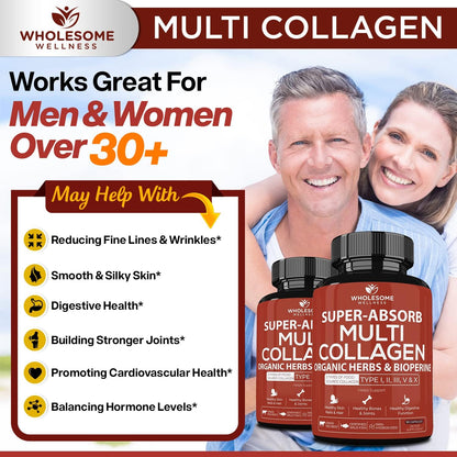 Wholesome Wellness Liposomal Vitamin C Capsules (200 Pills 1500mg Buffered) + Super-Absorb Multi Collagen Pills (Type I II III V X) Organic Herbs and Bioperine Bundle Gsupps Australia