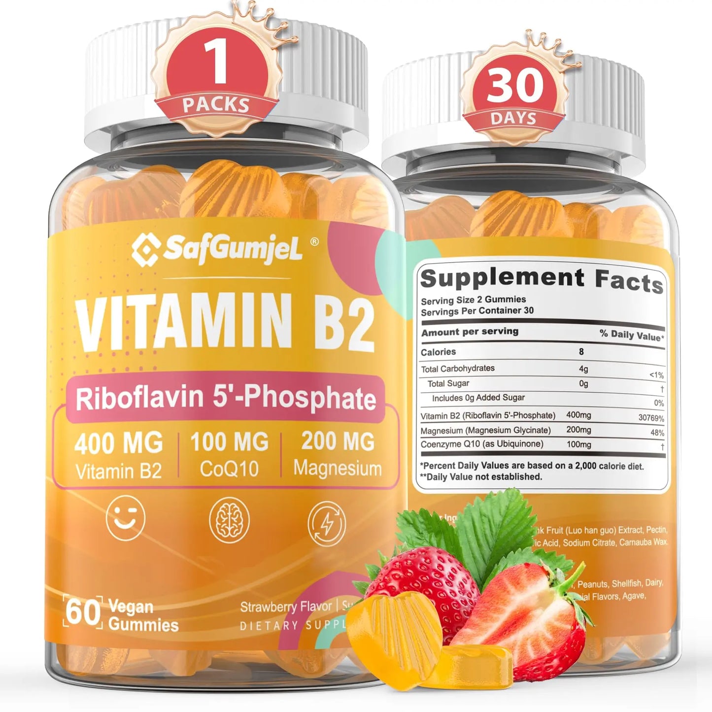 Safgumjel Vitamin B2 Gummies | Riboflavin 400mg with Magnesium & CoQ10 for Migraine Relief & Headache Relief | Sugar Free, Vegan, Strawberry Flavor, 60 Count Safgumjel