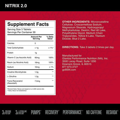 BSN NITRIX 2.0, Workout Supplement, Nitric Oxide Precursors, 3g Creatine, 3g L Citrulline, L-Citrulline, Supports Workout Performance, Pumps, Muscle Recovery BSN