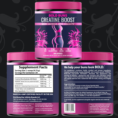 Bold Buns Creatine for Women – Booty Builder Supplement with Collagen & BCAA – Supports Muscle Development, Post-Workout Recovery, Skin Elasticity Bold Buns