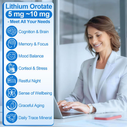 12-in-1 Lithium Orotate 5mg 10mg with Ashwagandha & L-Theanine, Lithium Orotate for Mood, Calm, Cognitive & Brain, High Bioavailability Trace Mineral, Lemon Balm HevChay