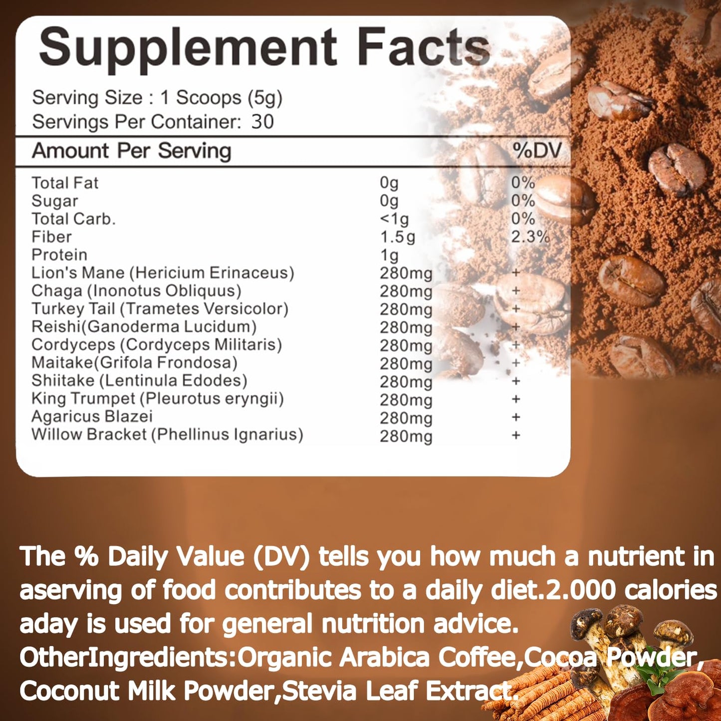 Suiyilary Mushroom Coffee, 10 Mushroom Extract Powder Blend Lion's Mane, Reishi, Chaga Suiyilary