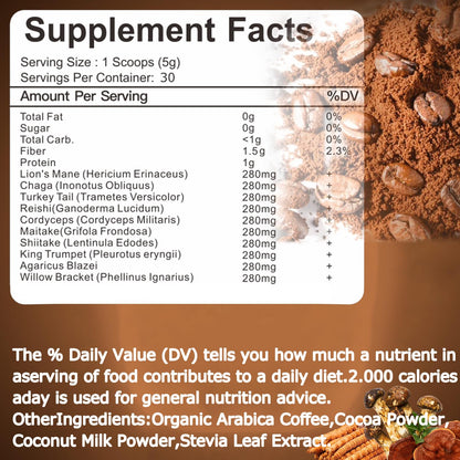 Suiyilary Mushroom Coffee, 10 Mushroom Extract Powder Blend Lion's Mane, Reishi, Chaga Suiyilary