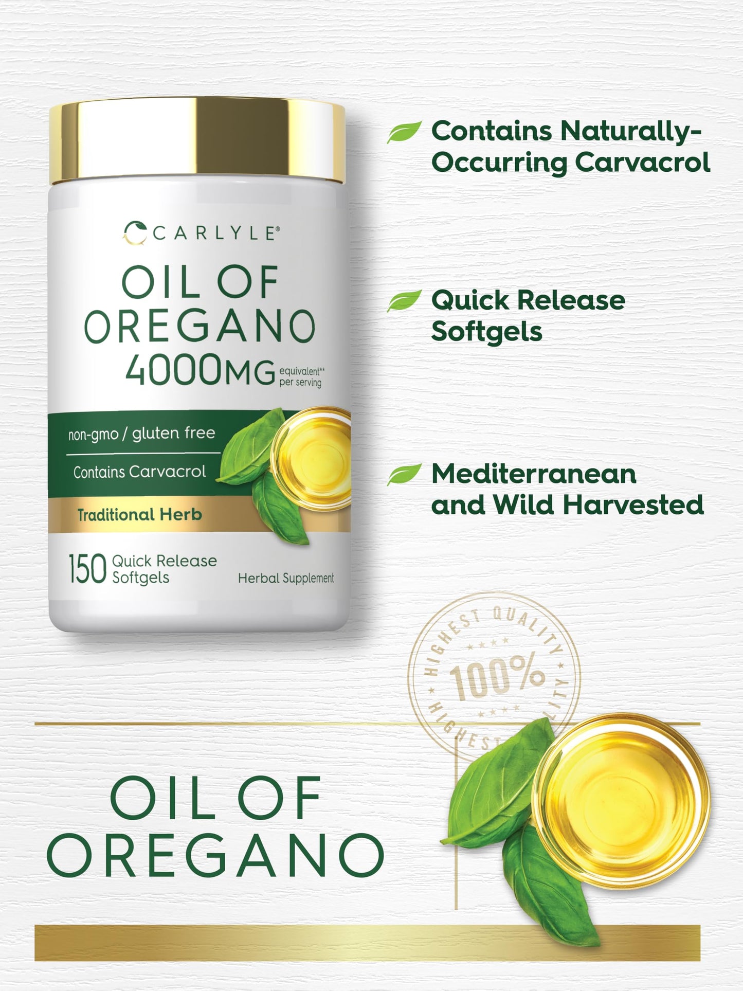 Carlyle Oregano Oil Supplement | 150 Softgel Capsules | Contains Carvacrol | Non-GMO & Gluten Free Formula Carlyle