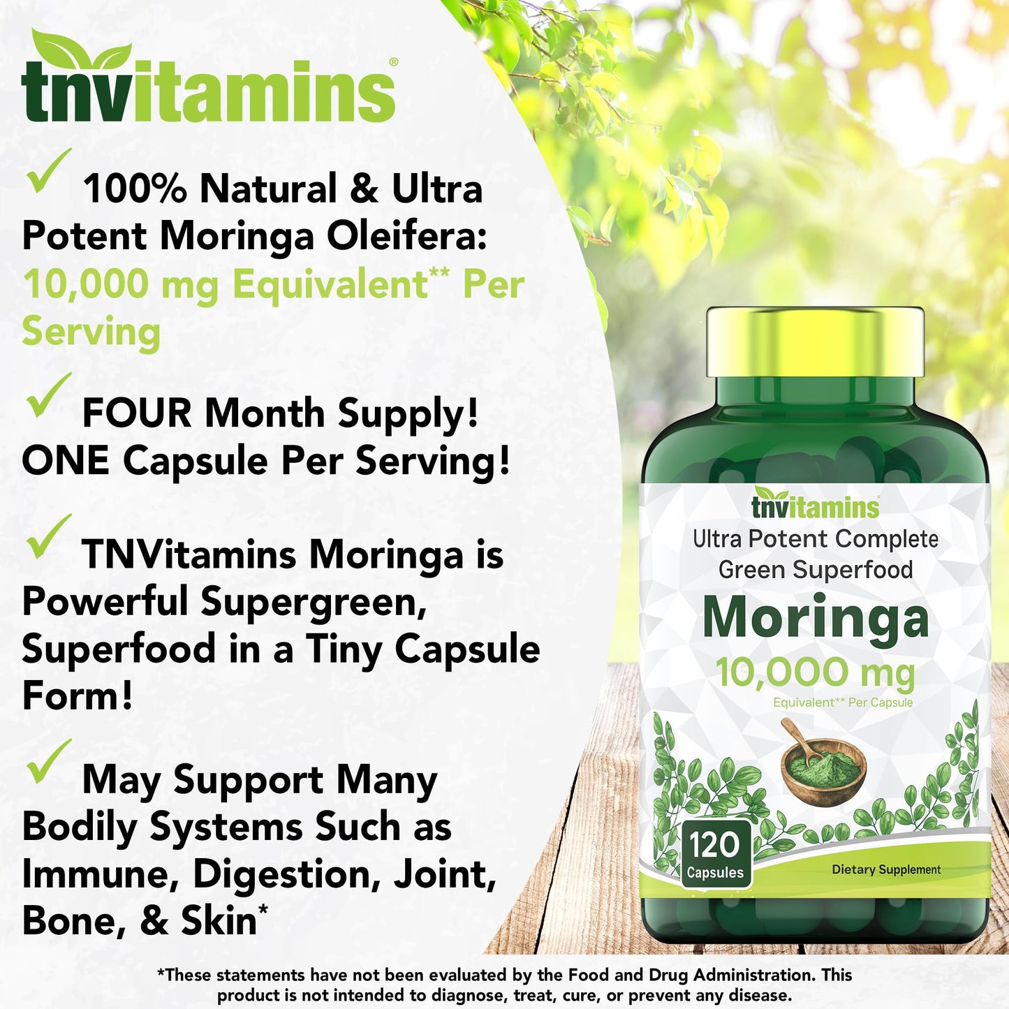 tnvitamins Moringa Capsules 10,000 mg - 120 Capsules | High Potency Moringa Leaf Extract Superfood Supplement for Energy tnvitamins