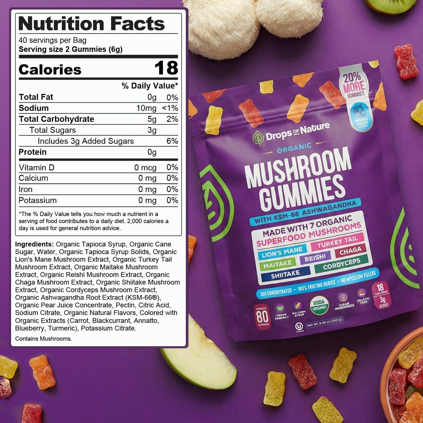Drops Of Nature Lions Mane & Ashwagandha Gummies – Turkey Tail, Maitake, Reishi, Chaga, Shiitake, Cordyceps – Organic, Low Carb Superfood Gummies Drops Of Nature