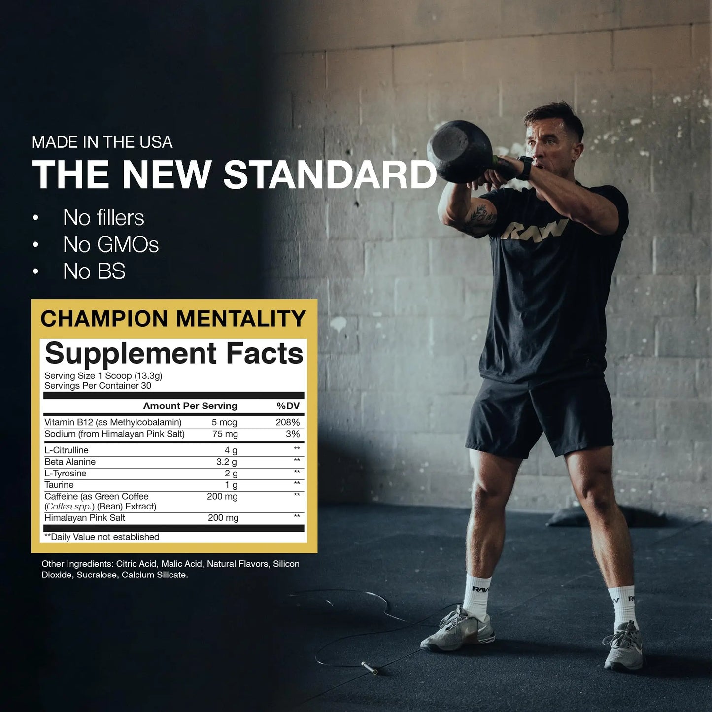 RAW Essential Pre-Workout Powder (Champion Mentality) - Chris Bumstead Sports Nutrition Supplement for Men & Women - Preworkout Energy Powder with Caffein RAW