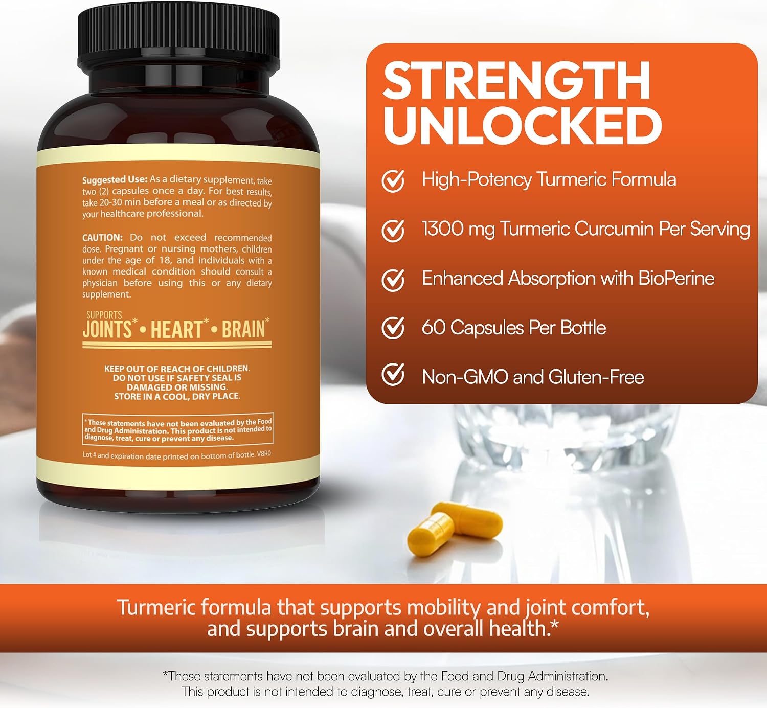Arazo Nutrition Turmeric Curcumin with BioPerine Black Pepper Extract - 1300mg Per Serving - Joint Support Nutritional Supplements - 100% Herbal Tumeric Root Capsules Gsupps Australia
